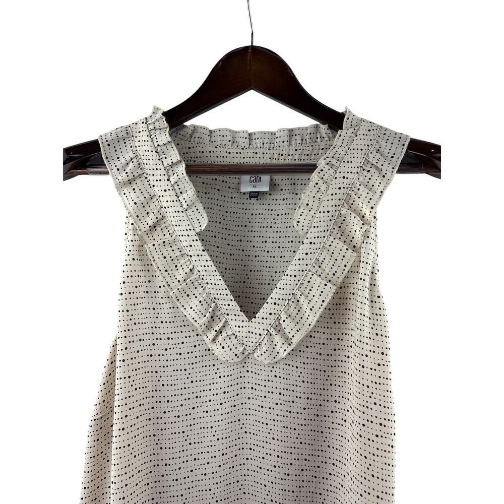 Women’s Cabi XL Cream & Black Dot Patterned Sleeveless Ruffled Blouse - Picture 2 of 5